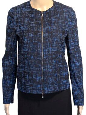 Anne Klein Blue Black Textured Jacket Size 4 Zip Front Office Blazer